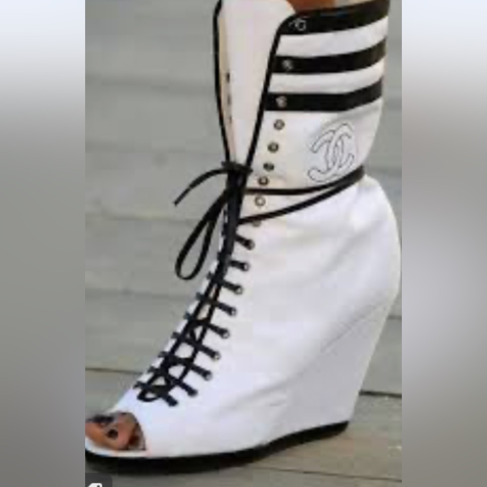 ‼️SALE TODAY ONLY‼️ Vintage Chanel Cruise 2011 canvas Wedge Ankle Peeptoe boots